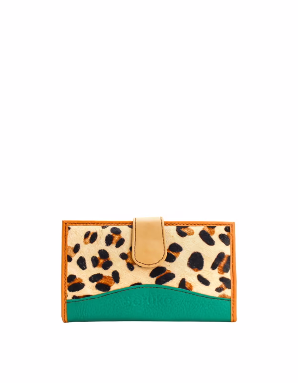 Green animal print recycled leather wallet with zip coin pocket by Soruka