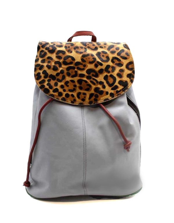 Grey animal print recycled leather backpack by Soruka