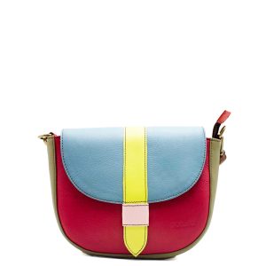 Light blue and red recycled leather saddle crossbody bag by Soruka