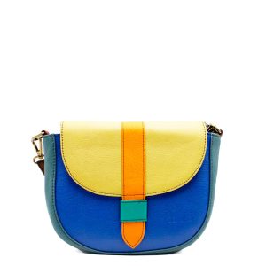 Dark blue and yellow recycled leather saddle crossbody bag by Soruka