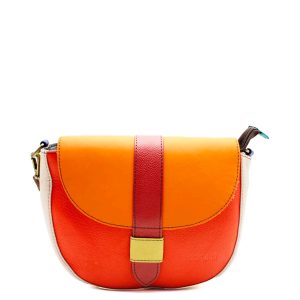 Red and orange recycled leather saddle crossbody bag by Soruka