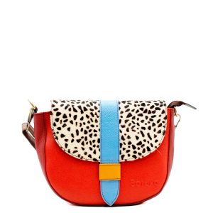 Red animal print recycled leather saddle crossbody bag by Soruka