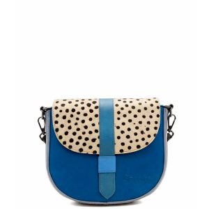 Light blue animal print recycled leather saddle crossbody bag by Soruka