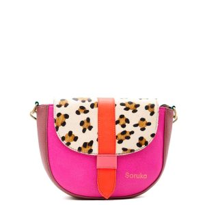 Pink animal print recycled leather saddle crossbody bag by Soruka