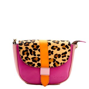 Pink animal print recycled leather saddle crossbody bag by Soruka
