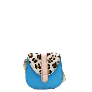 Blue animal print recycled leather small saddle crossbody bag by Soruka