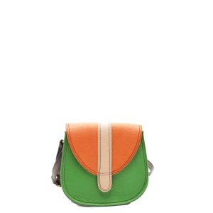 Green and yellow recycled leather small saddle crossbody bag by Soruka