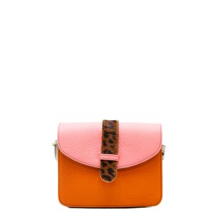 Pink and orange recycled leather small crossbody bag with reversible loop by Soruka