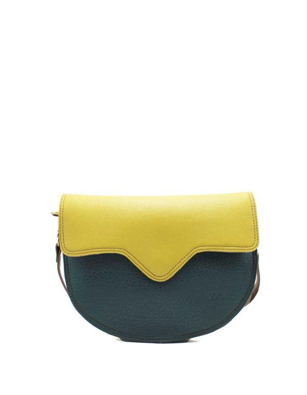Yellow and green recycled leather crossbody bag with adjustable strap by Soruka