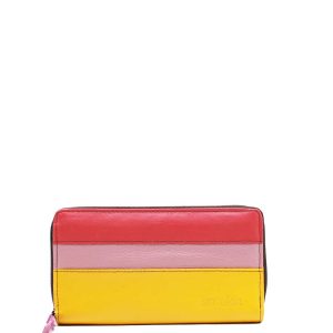 Yellow and pink recycled leather zip-around wallet with coin pocket by Soruka