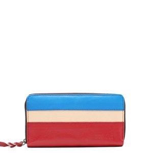 Red blue and pink recycled leather zip-around wallet with coin pocket by Soruka