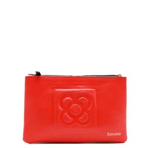 Yellow and red reversible recycled leather crossbody bag by Soruka