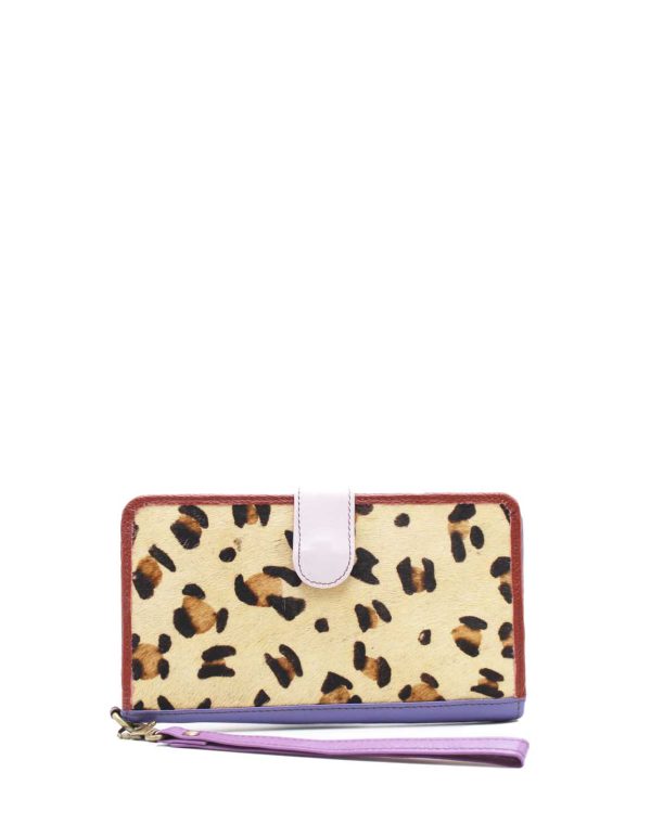 Purple animal print recycled leather wristlet wallet clutch with coin pocket by Soruka