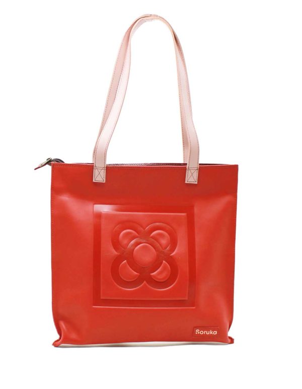 Red and yellow reversible recycled leather large tote shoulder bag Barcelona Edition by Soruka