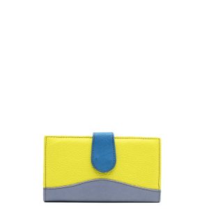Blue and yellow recycled leather wallet with zip coin pocket by Soruka