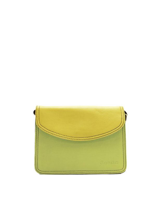 Green and yellow recycled leather crossbody bag by Soruka