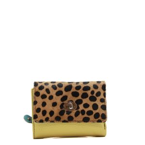 Yellow animal print recycled leather compact wallet with coin pocket by Soruka