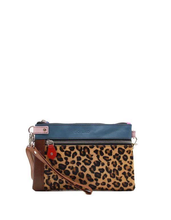 Handmade blue animal print crossbody bag made from 100% recycled leather