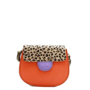 Orange animal print recycled leather small saddle crossbody shoulder bag by Soruka