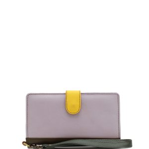 Light purple and yellow recycled leather wristlet wallet clutch with coin pocket by Soruka
