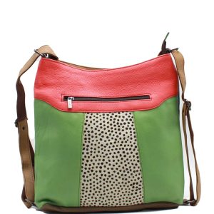 Green and red animal print recycled leather convertible shoulder bag backpack by Soruka