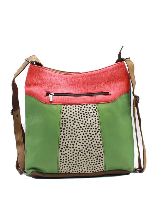 Green and red animal print recycled leather convertible shoulder bag backpack by Soruka