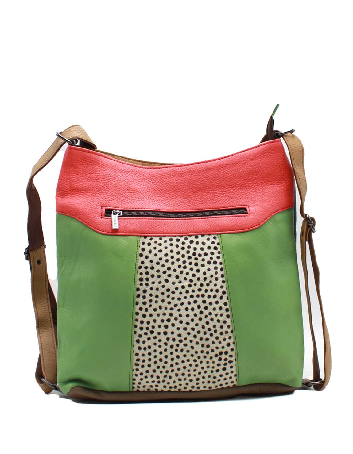 Green and red animal print recycled leather convertible shoulder bag backpack by Soruka