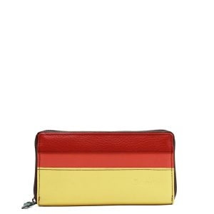 Yellow and red recycled leather zip-around wallet with coin pocket by Soruka