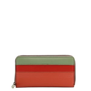 Green and red recycled leather zip-around wallet with coin pocket by Soruka