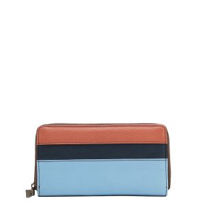 Blue and coral recycled leather zip-around wallet with coin pocket by Soruka