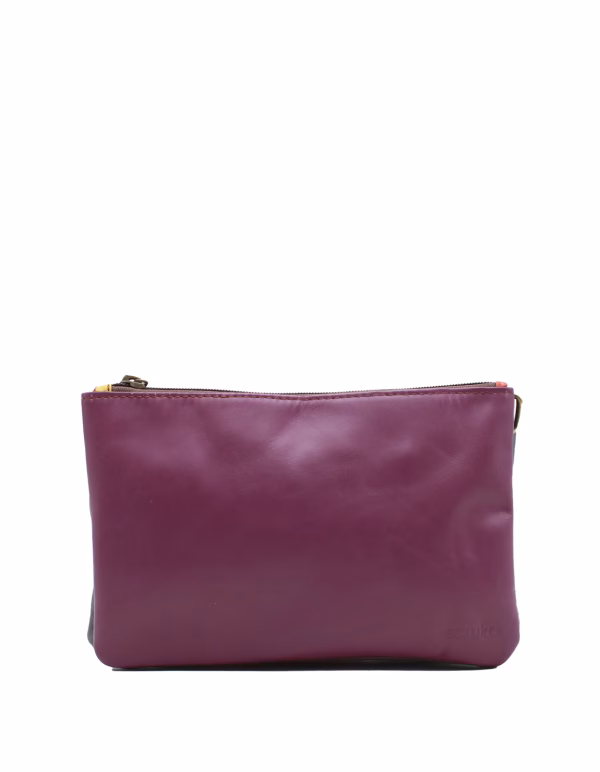 Plum and orange reversible recycled leather crossbody bag by Soruka
