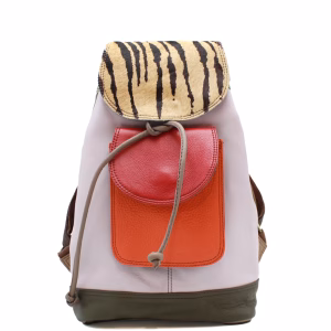 Light purple multicolor animal print upcycled leather backpack by Soruka