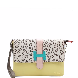 Yellow animal print recycled leather envelope crossbody bag with wristlet by Soruka