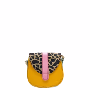 Yellow animal print recycled leather small saddle crossbody bag by Soruka