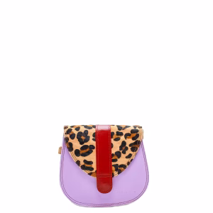Light purple animal print recycled leather small saddle crossbody bag by Soruka