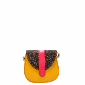 Yellow animal print recycled leather small saddle crossbody bag by Soruka