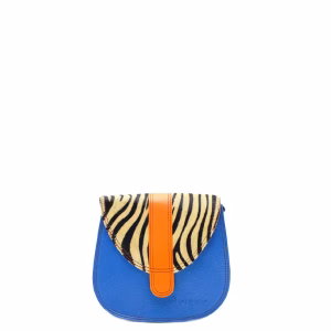 Blue animal print recycled leather small saddle crossbody bag by Soruka