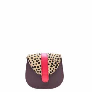 Dark purple animal print recycled leather small saddle crossbody bag by Soruka