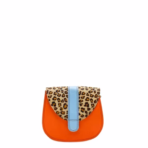 Orange animal print recycled leather small saddle crossbody bag by Soruka