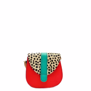 Coral animal print recycled leather small saddle crossbody bag by Soruka
