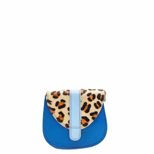 Blue animal print recycled leather small saddle crossbody bag by Soruka