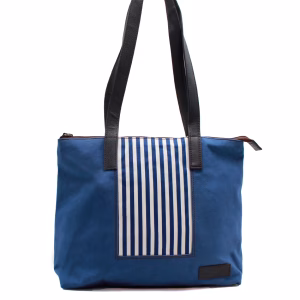 Azure blue recycled leather and upcycled canvas tote bag Mediterrània Edition by Soruka