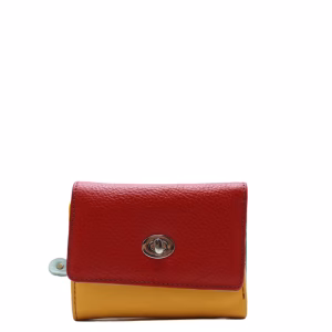 Yellow and red recycled leather compact wallet with coin pocket by Soruka