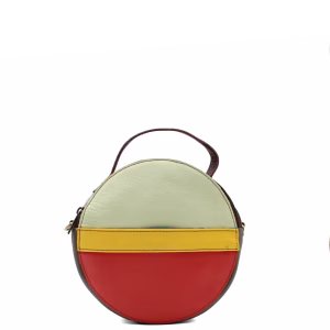 Green and red recycled leather circular crossbody bag by Soruka