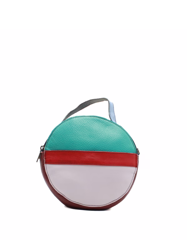 Blue and light purple recycled leather circular crossbody bag by Soruka