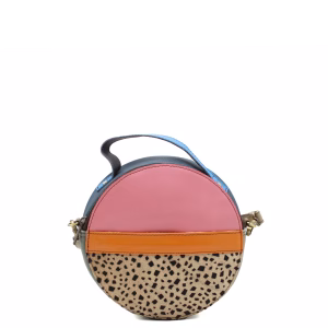 Pink animal print recycled leather circular crossbody bag by Soruka