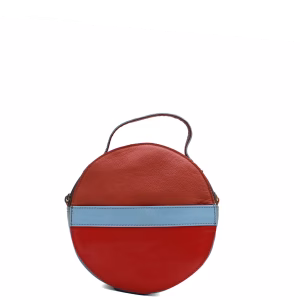 Blue and red recycled leather circular crossbody bag by Soruka