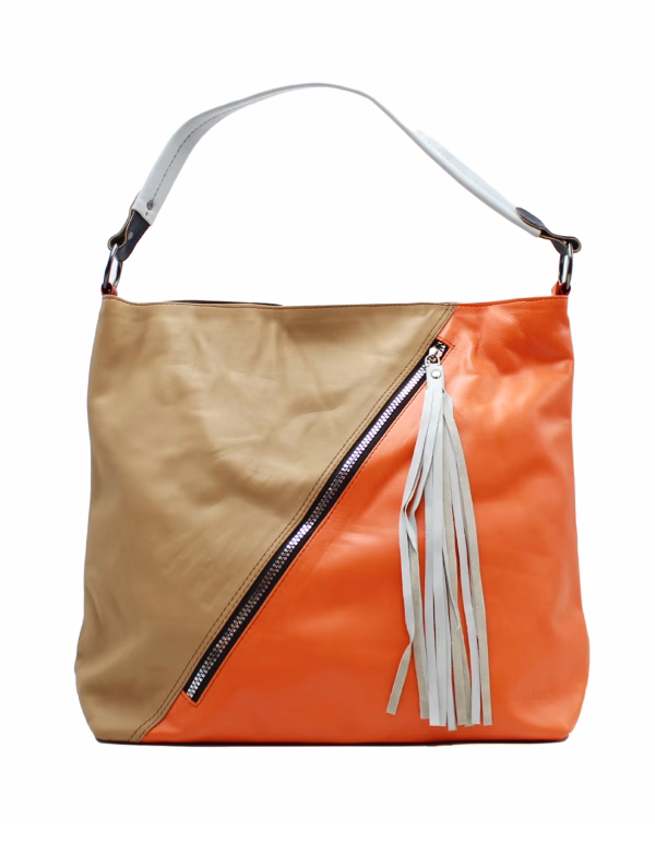 Orange and brown recycled leather large tote shoulder bag by Soruka