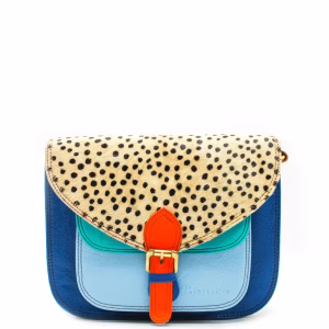 Blue animal print recycled leather saddle crossbody bag by Soruka