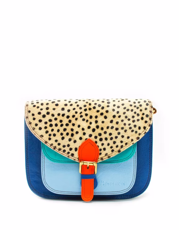 Blue animal print recycled leather saddle crossbody bag by Soruka